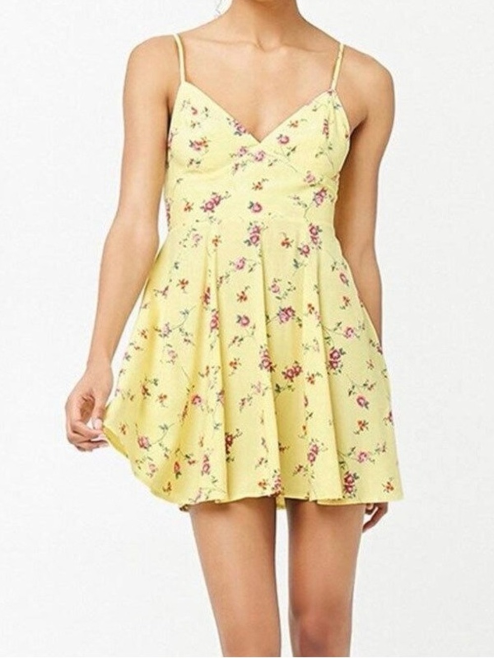 Forever 21 Yellow Floral Spaghetti-Strap Mini Dress